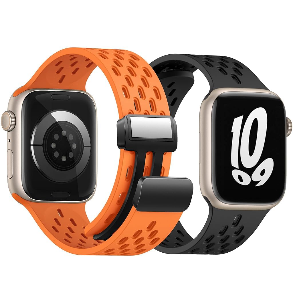 ZORBES Watch Band 42mm Universal Watch Strap for Apple Watch 42mm/44mm/45mm/49mm Fashion Silicone Breathable Sport Wristwatch Band Adjustable Magnet Clasp Watch Band, 2pcs, Black & Orange ZORBES Watch Band 42mm Universal Watch Strap for Apple Watch 42mm/44mm/45mm/49mm Fashion Silicone Breathable Sport Wristwatch Band Adjustable Magnet Clasp Watch Band, 2pcs, Black & Orange